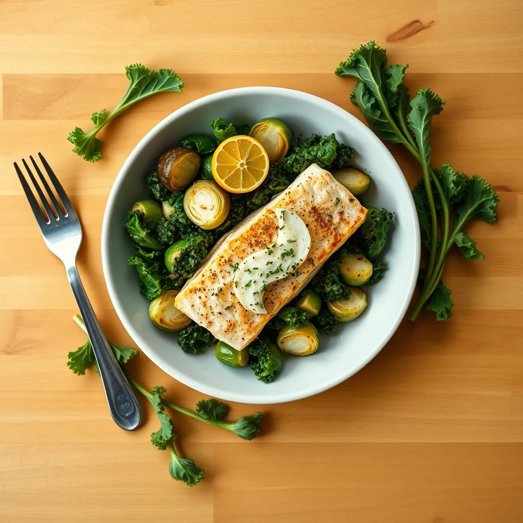 Baked Cod with Brussels Sprouts and Kale