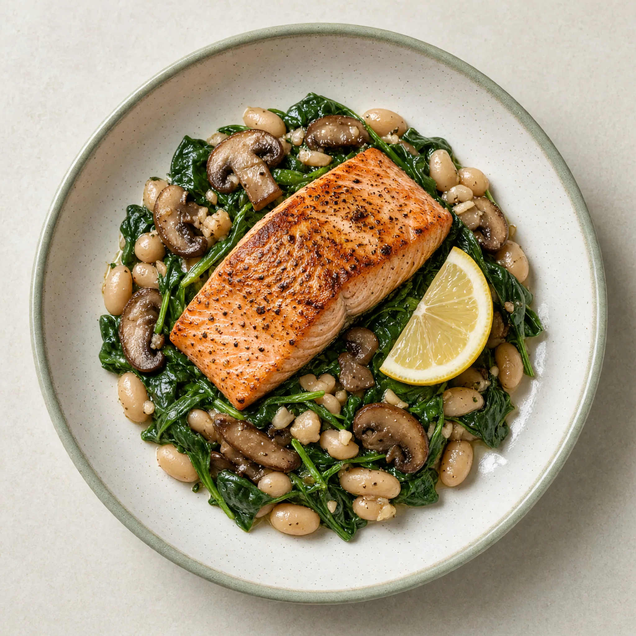 Salmon and White Bean Skillet with Spinach and Mushrooms