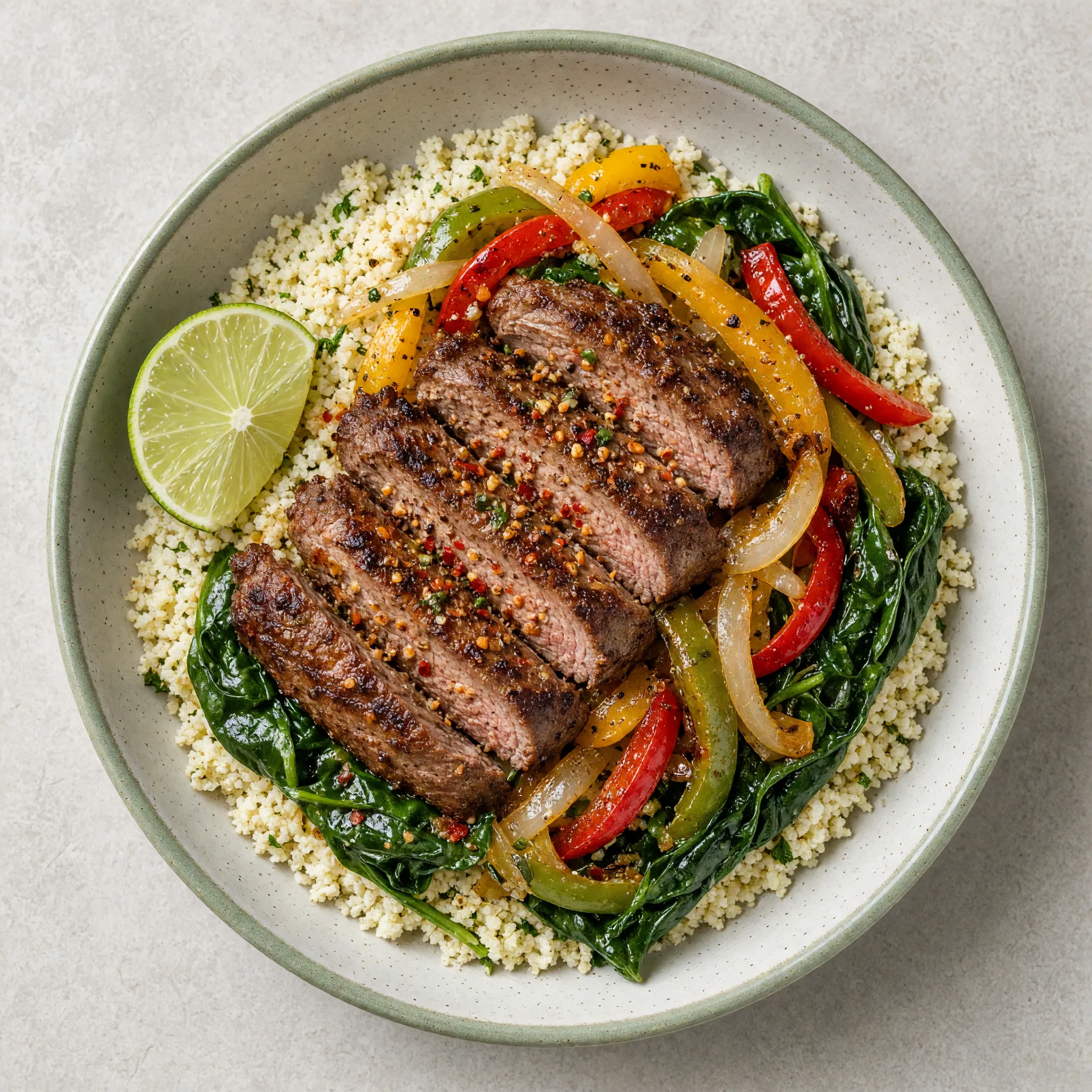 Chili Lime Sirloin with Peppers and Cauliflower Rice