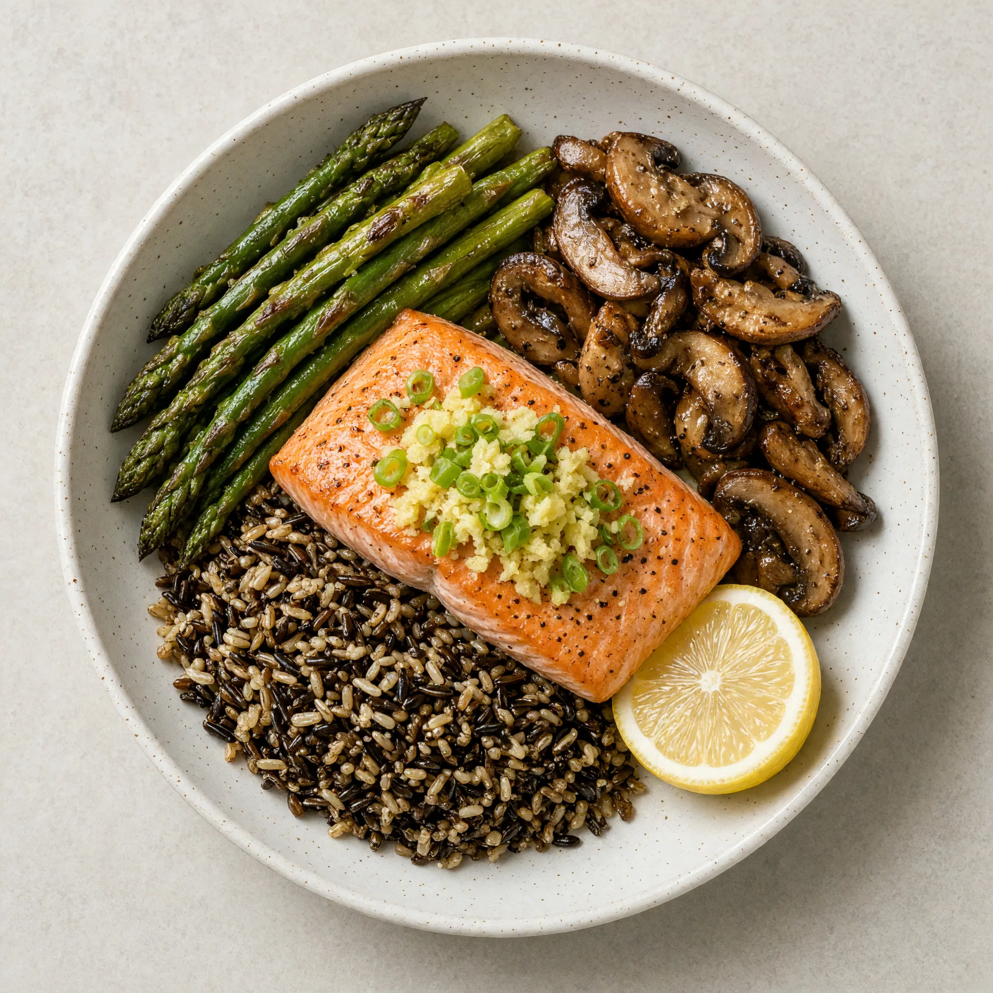Ginger Scallion Salmon with Asparagus and Wild Rice